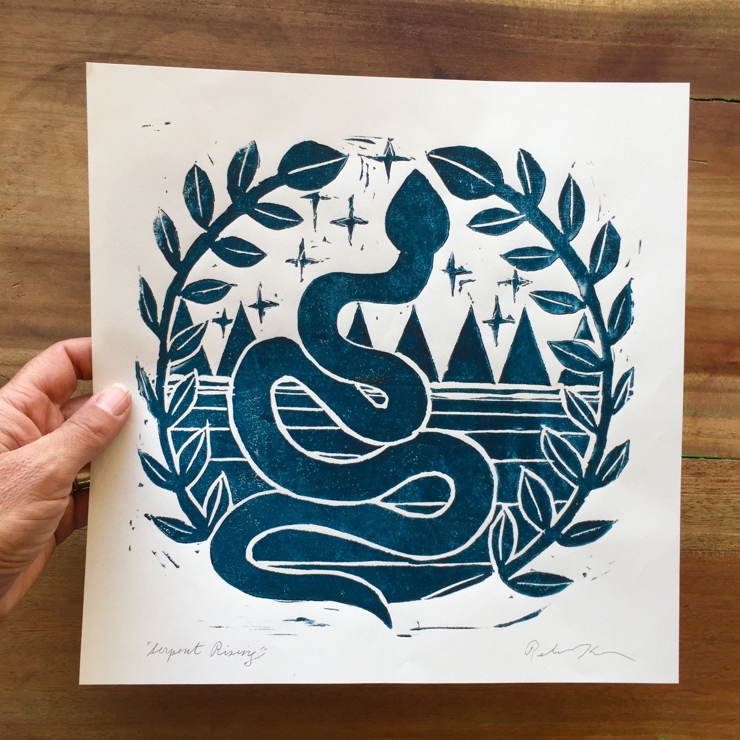 Serpent Rising handmade snake block print - Tree of Life Studio